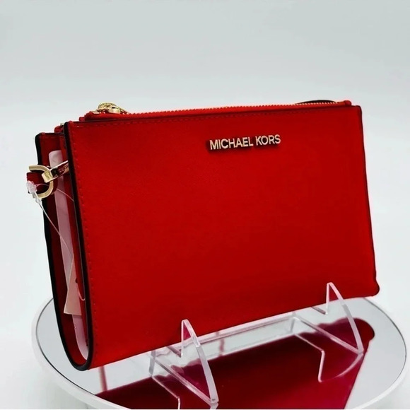 Michael Kors Large Double Zip Wallet Wristlet Red/Gold - Picture 4 of 10